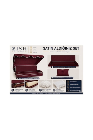 Zishtekstil Keten Kumaş Süngerli Gölgelikli 2 Kişilik Salıncak Minderi 8 Cm Bordo