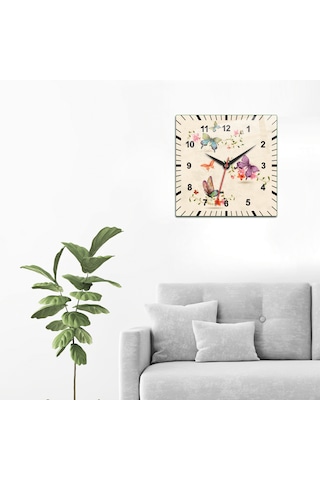 Cam Duvar Saati Çiçek Desenli Krem Fon 32cm X 32cm Çiçek