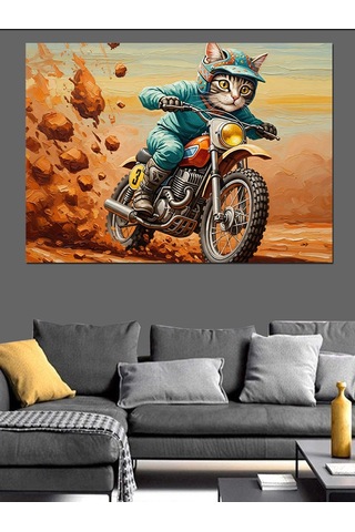 Ahşap Tablo Motosiklet Süren Kasklı Komik Kedi