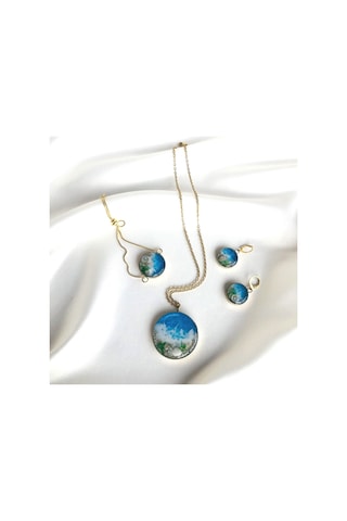 Altın Kaplama Çelik Kolye Küpe Bileklik Yüzük ve Saç tokası Mavi