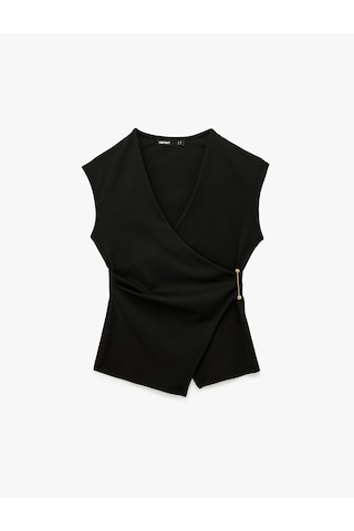 Koton Slim Fit Metal Aksesuarlı V Yaka Kruvaze Yelek Siyah 7wak30014ek