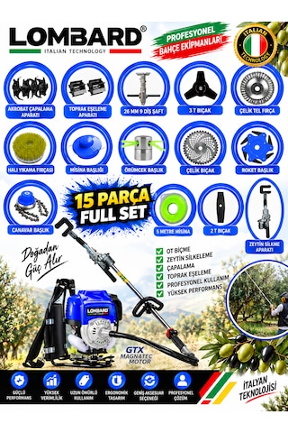 Vertoro-15x 15 Parça Full Set Sırt Tipi Çapalama+zeytin Silkeme Hasat Toplama Gtx Seri Tırpan Motoru
