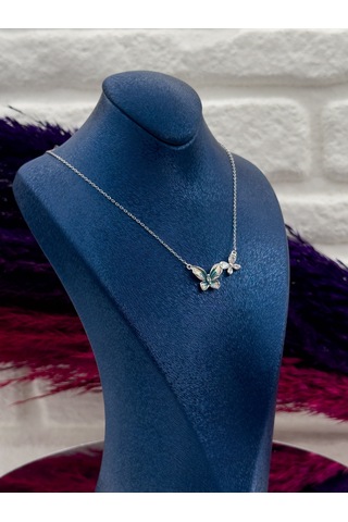 925 Ayar Gümüş Özel Tasarım Mineli Sıralı Kelebek Desenli Popüler Kadın Kolye Gümüş