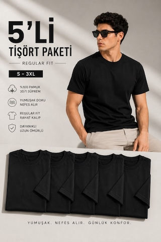 Masion Rae Erkek 5'li Basic Regular Fit Tişört Seti %100 Pamuk Bisiklet Yaka Siyah Renk