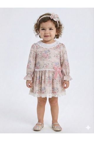 Xo Kids Kız Çocuk Çiöekli Elbise + Kürk Yakalı Bolero 1-5 Yaş 4741 Pembe