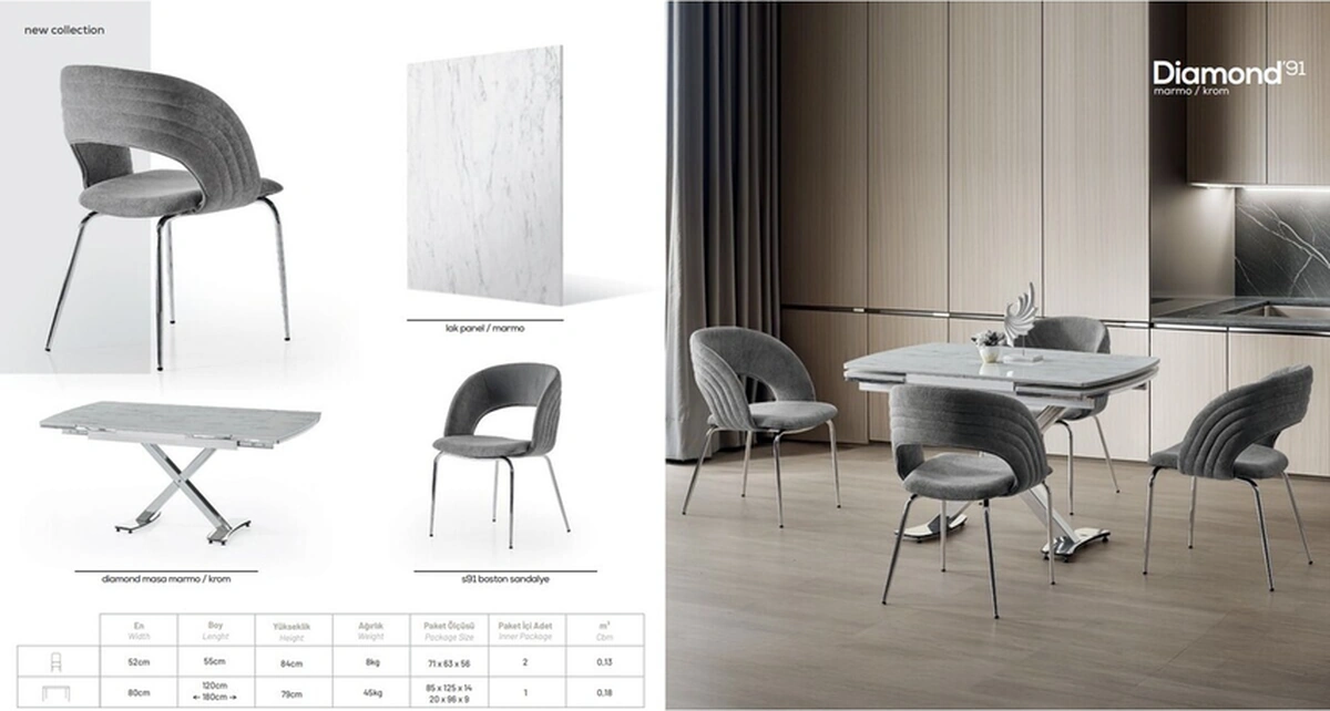 Dengema Diamond Açılır Masa Takımı Beyaz Mermer Krom Metal Ayak, 4 Sandalyeli, 80x120/180 Cm Beyaz Mermer - Krom Ayak