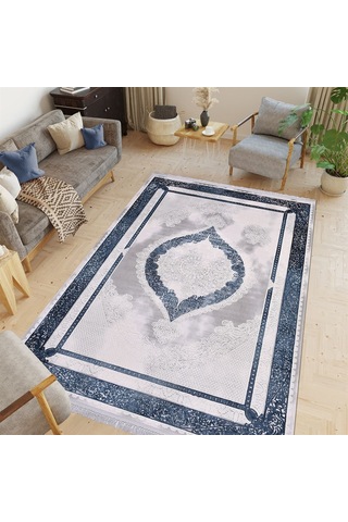 Çam Halı Crea Plus Galaxy Blossom 13615 Gri Lacivert Eskitme Klasik Desenli Makine Halısı