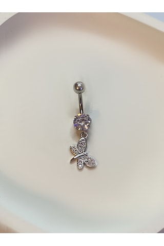 Kadın Sallantılı Tektaş Kelebek Model Çelik Piercing Gümüş