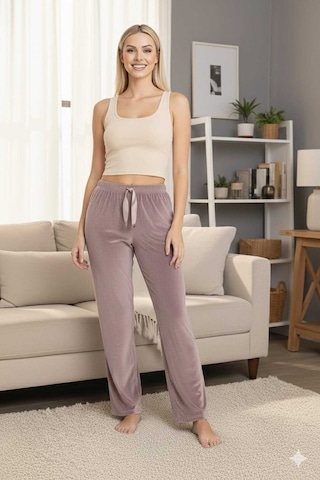 Kadife Gül Kurusu Likralı Soft Kadife Pijama Kahverengi