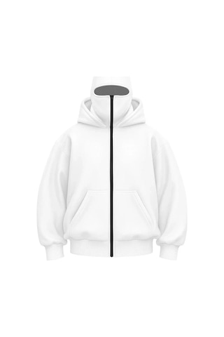Kadın Samuray Ninja Çift Kapşonlu Zıp Fermuarlı Kanguru Çepli Hoodie Maske Detaylı Swetshirt - Beyaz Beyaz