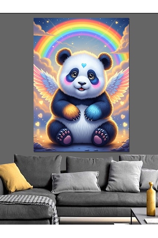 Gökkuşağı Ve Sevimli Panda Dekoratif Kanvas - Mdf Ahşap Tablo