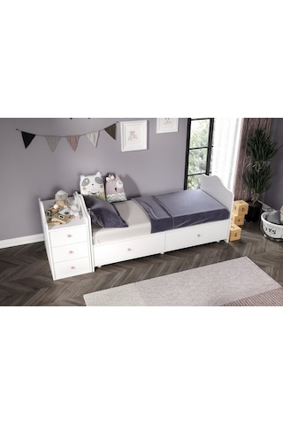 Angel Beşik Büyüyebilen Pembe Kulplu Komidinli Beyaz