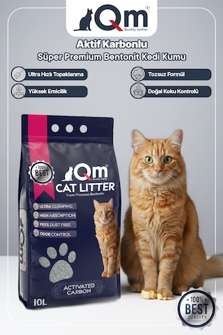 Qm Aktif Karbonlu Süper Premium Bentonit Kedi Kumu 10 L