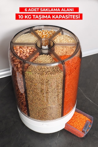 10 Kg Kapasiteli Gıda Ve Bakliyat, Organizeri 360 Derece Dönebilen, Baharat Kaşığı Ve Nihale Hediye Beyaz