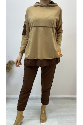 Ahes Shopping Kadın Kahve Kapşonlu Etek Ucu Detay Arma Ters Dikiş Gorunumlu Ikili Takım Sütlü Kahve