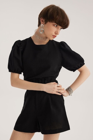 Stella Pulvis Siyah Keten Karışımlı Beli Lastik Detaylı Balon Kol Bluz