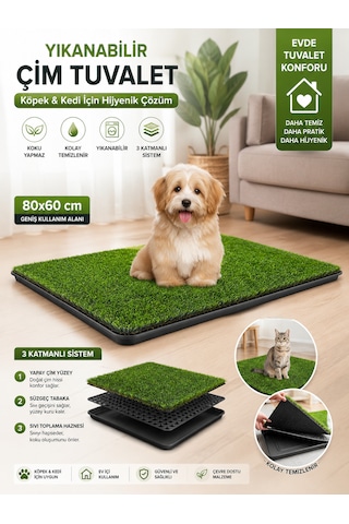 Pro Akıllı Çim Tuvaleti Köpek Kedi İçin 3 Katmanlı Yıkanabilir Hazneli 80x60 Büyük Boy