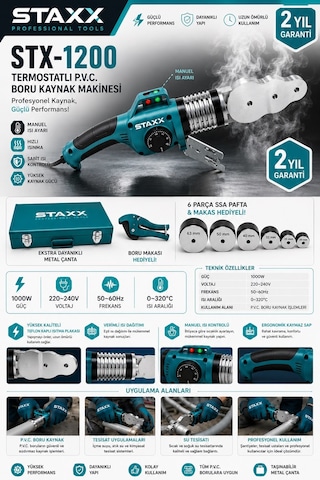 Staxx St1200pp Usta Serisi Pvc Boru Kaynak 1000w 20-63mm Tam Set Profesyonel Kaynak Makinesi Ayarlı