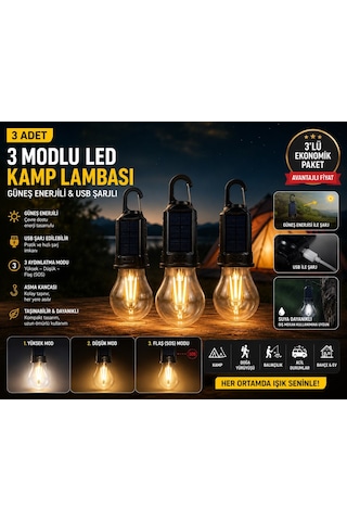 3 Adet Güneş Enerjili Usb Şarjlı 3 Modlu Led Asma Kancalı Taşınabilir Kamp Feneri Aydınlatma Lambası Çok Renkli
