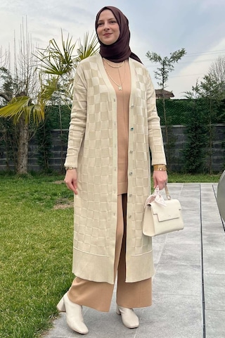 Rabia Şamlı Dama Desenli Taş Triko Hırka Çok Renkli