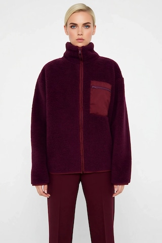 Benerly Kadın Dik Yaka Düşük Kol Tam Fermuarlı Peluş Sweatshirt Fonksiyon Mürdüm