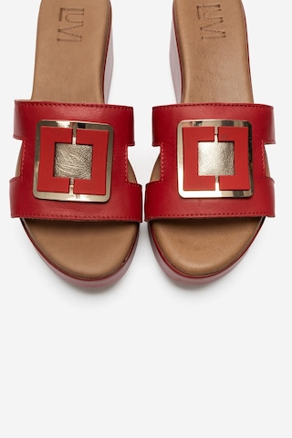 Luvi Shoes Hıola Kırmızı Hakiki Deri Tokalı Kadın Dolgu Topuklu Terlik