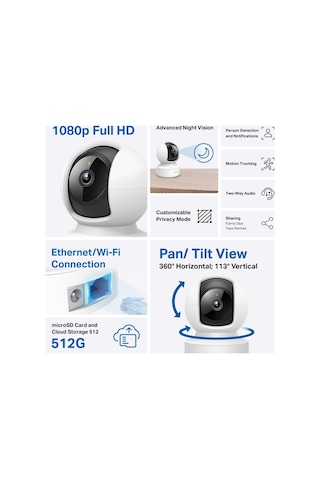 Tp-lınk Tapo C202 Bebek/ev Güvenlik Kamerası Wifi-ehernet 1080p 12mt Gece Görüşü Pan/tılt İki Yönlü Ses 1923 Mh-hs3349-3806