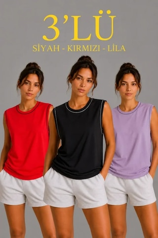 Efnaz Style 3 Lü Kolsuz Sporcu Atlet Seti Yazlık Bisiklet Yaka - Siyah, Kırmızı, Lila Çok Renkli