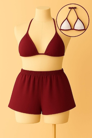 Epilons Zenvial Kadın Bordo Şortlu Belden Ve Boyundan Bağlamalı Bikini Takımı Zenviall2