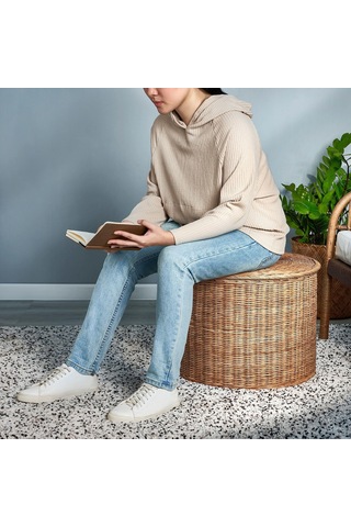 Rattan, Kapaklı Saklama Gözlü Puf Meridyendukkan, El Yapımı Saklama Kutusu