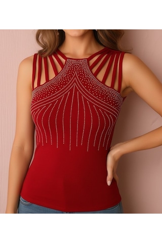 Alyn Wear Kadın Omuzlardan Askı Şerit Detaylı Taşlı Viskon Bluz Kırmızı