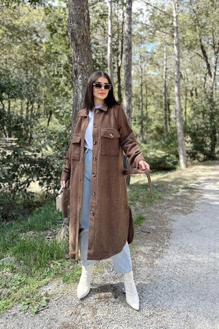 Kadın Kahve Uzun Kol, Çift Cepli, Eteği Oval Kesim, Kemerli, Kaşe Gömlek Kaban Kahve