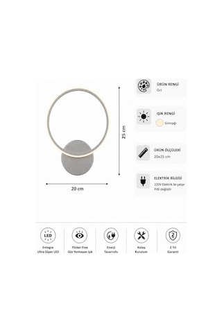 AvizeGO Tisa Modern Led Duvar Apliği Günışığı Gri