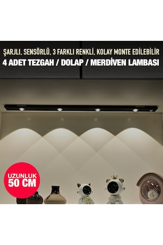 Upway 50 Cm Şarjlı Sensörlü Led Işık Bar 3 Renk Mercekli Tezgah Dolap Merdiven Lambası Siyah