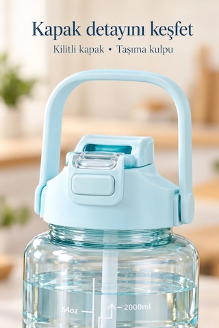 Tilbe Home 3lü Motivasyonel Suluk Matara Seti 2000+750+280ml Pipetli Sticker Askılı Spor Okul Su Şiş Mavi