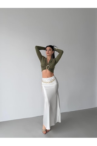 Elaxi Kadın Dalgıç Kumaş Tokalı Vatkalı Crop Bluz Çağla Yeşili