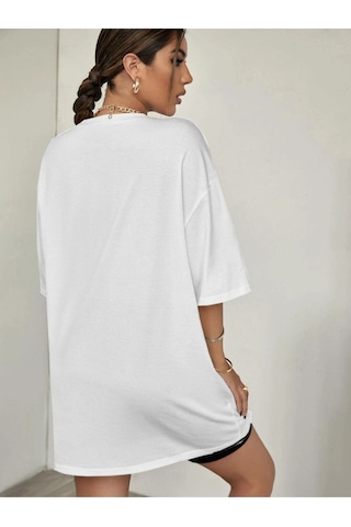 Flood Of Style Kadın Beyaz Love Never Faıls Baskılı Oversize Bisiklet Yaka Tshirt