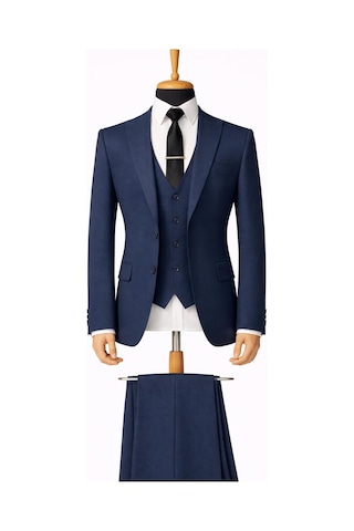 Erkek İtalyan Kesim Slim Fit Yelekli Takım Elbise - 7502 Lacivert