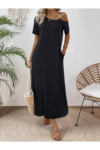 Kadın Tek Omuzdan Açık Toka Detaylı Yandan Yırtmaçlı Maksi Boy Viskon Elbise Siyah