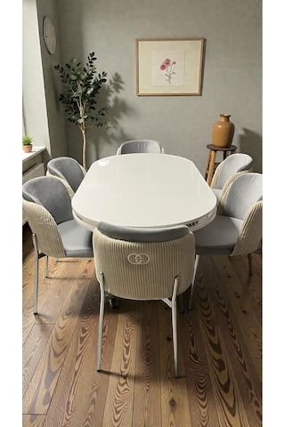 Msy Home 6 Kişilik Aura Krom Serisi Beyaz Lake Oval Yemek Masası Ve Puffy A.gri Sandalye Takımı Modern Krem-açık Gri