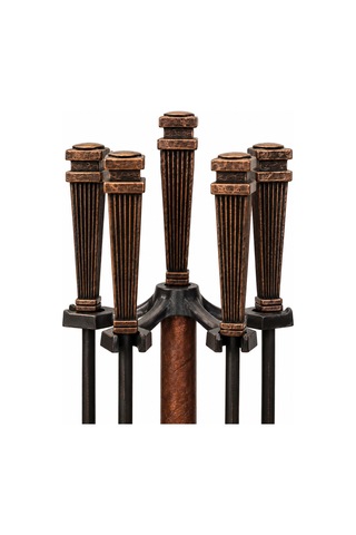 Geometrik Başlıklı Bronz 4 Parça Şömine Maşa Takımı