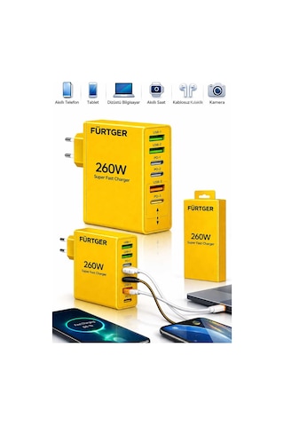 Fürtger German Frt-25w S 260w 3 Type-c + 3 Usb-a Toplam 6 Çıkışlı Süper Hızlı Şarj Aleti Fürtger German Frt-25w S 260w 3 Type-c + 3 Usb-a Toplam 6 Çıkışlı Süper Hızlı Şarj Aleti