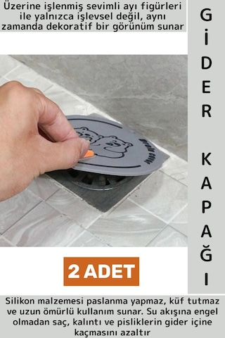 Lavabo Banyo Mutfak Pas Küf Tutmaz Ayı Figürü Koku Önleyici Kulplu Esnek Silikon Gider Kapağı 2 Adet