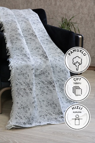 Mozaik Pamuklu Saçaklı Koltuk - Çekyat Örtüsü 170x220 - Gri Gri