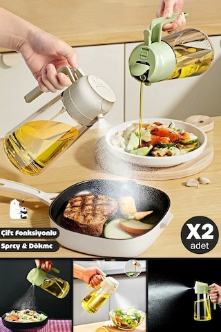 2'li Çift Fonksiyonlu Cam Yağdanlık 550ml Kulplu Zeytinyağı Sıvıyağ Şişesi Airfryer Sprey Yağlık