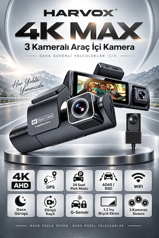 Harvox 4k Max 3 Kameralı Araç Kamerası Wifi Gps Adas Bsd 24 Saat Park Modu Gece Görüşü Harvox 4k Max 3 Kameralı Araç Kamerası Wifi Gps Adas Bsd 24 Saat Park Modu Gece Görüşü