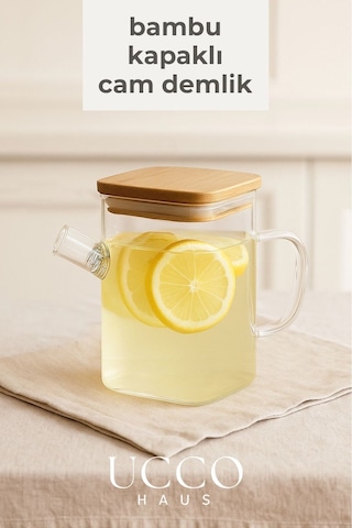 1 Litre Bambu Kapaklı Boroslikat Cam Demlik Sürahi Detox, Limonata, Bitki Çayı, Yağdanlık Mutfak Şeffaf