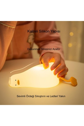 Hymark Sevimli Silikon Dokunmatik Led Ördek Gece Lambası Şarjlı K Beyaz