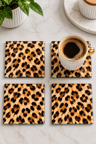 Gökçeoğlu Cam Bardak Altlığı Leopar Temalı 4'lü Takım 10cm X 10cm Çok Renkli