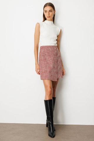 Ekol Kadın Süs Düğmeli Mini Tüvit Etek 5047 Kırmızı Kırmızı